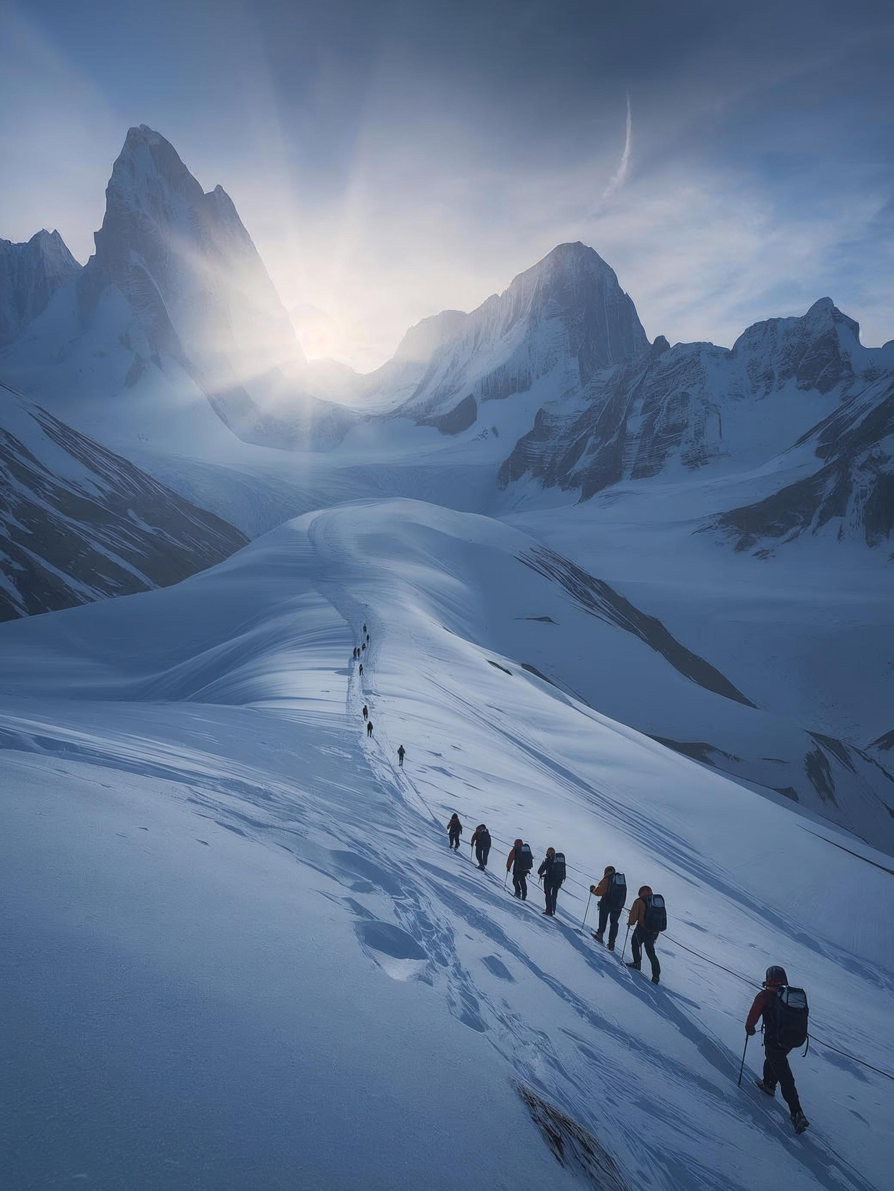 Climbers trek up a snowy mountain slope under a sunrise, illustrating the challenges and beauty of alpine adventures.