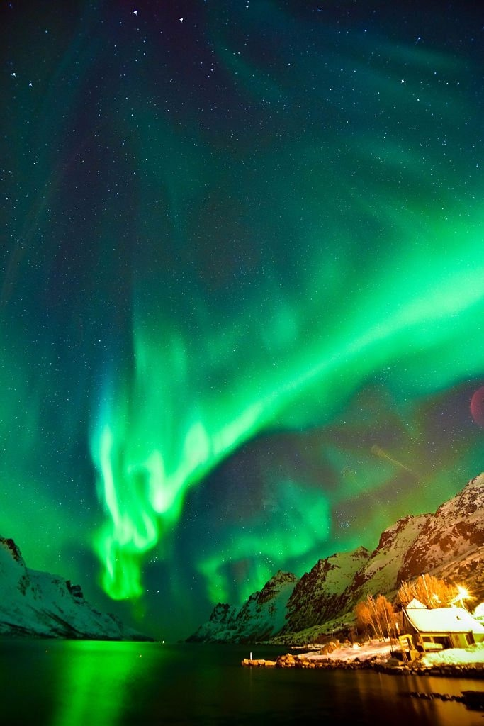Vibrant green auroras dance across the night sky over a peaceful fjord, with snow-capped mountains and a cozy cabin illuminated below.